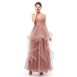 Party Dresses Sexy Backless Pink Evening Long Beaded Pearls Formal Dress Women Elegant Lace Tulle V-Neck Gala Gowns 2022