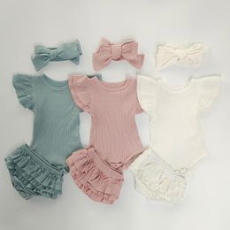 Clothing Sets Spring Summer Baby Girl Born 0-2T 3pcs Toddler Clothes Set Solid Colour Ribbed Cotton With Headband Casual Kids SetClothing