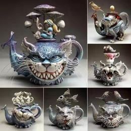 Arte fatta a mano Cat Teapot Resina Scultura Alice Fairy Tale Creativo e Pesce Artigianato Artigianato Giardino Della Home Decor 220323
