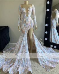 Sexy Mermaid Prom Dresses 2022 For Black Girls Sparkly Sequins Sheer Neck Long Sleeve Backless Birthday Party Robe De Bal 322