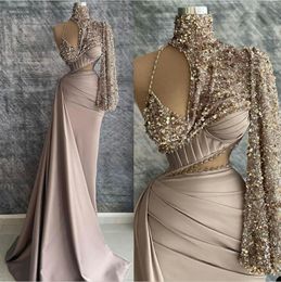 Bling Mermaid Prom Dresses 2022 High Neck Long Sleeve Crystals Sexy Backless See Through Evening Gown Party Wear