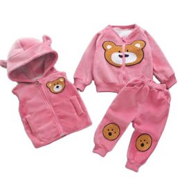 Clothing Sets Children's Winter Suit Toddler Boy Girl Fashion Cartoon Bear Fleece Thick Warm 3PCS Set Vest Hooded Tops Pants 0-4YClothin