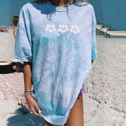 Vintage Tie Dye Flower Printed Blouses Women Fashion Drop Sleeve Shirts Casual Loose O Neck Short Sleeve Tops blusas mujer L220705