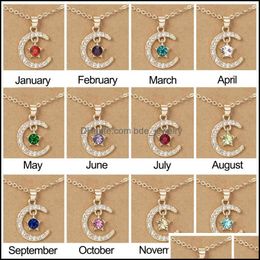 Pendant Necklaces Moon Shaped Star Birthstone Birthday Rhinestone Necklace Jewellery Women Choker Colorf Crystal Neck Chai Dhseller2010 Dhglk