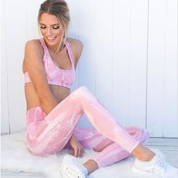 Womens yoga out fit High Waist Running thread strong stretch pink and Grey tie-dye print Fitness vest bra and pants suits seamless hip-lifting Leggings tracksuits