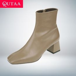 QUTAA New Autumn Winter Genuine Leather Retro Square Toe Zipper Ankle Boots Square Heel All Match Women Shoes Size 3439 Y200114