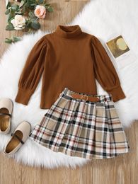 Toddler Girls Ribbed Knit Turtleneck Top & Plaid Print Skirt SHE