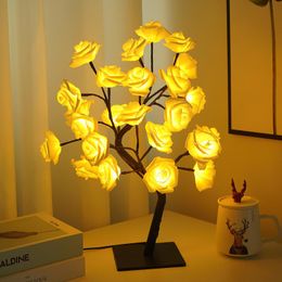 Table Lamps Ins Decorative Lamp Cherry Blossom Roses 24 LED Night Light USB Port Christmas DIY Creative Bedroom Desk LightsTable LampsTable