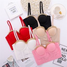 Ins Style Metal Chain Design Ballroom Costume Stage Party Club Push Up Bustier Crop Top Corset Bralette 220325