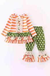 Girlymax Fall Baby Girls Pumpkin Olive Stripe Dots Romper Toddler Pants Ruffles Set Boutique Sister's Wear Kids Clothing