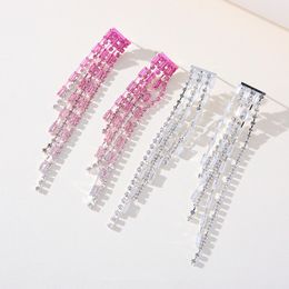 Dangle & Chandelier Beautiful Shinning White Pink Rhinestones Long Tassel Earrings For Women Bridal Wedding Party Jewellery