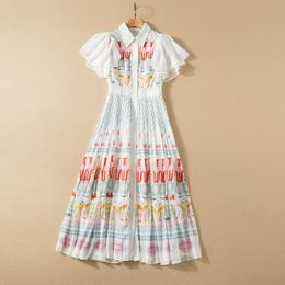 2022 verão de manga curta pescoço branco estampa floral chiffon desfiladeiro detalhado vestido de peito simples elegante vestidos casuais 22q151632