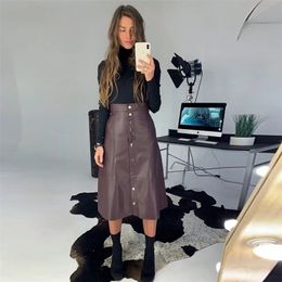 Pu Leather Rivets Buttons Midi Skirt Women High Waist Casual Elegant Fashion Slim Autumn Winter Warm 220401