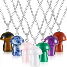 Natural Stone Mushroom Shape Pendant Necklaces Reiki Healing Crystal Agate Charms Necklace for Women Jewelry