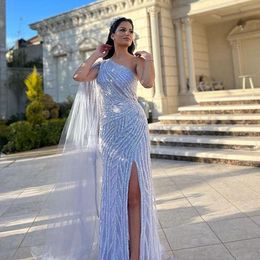 Silver Prom Dresses Sexy Sequins Beads One Shoulder Sleeveless Glitter Elegant Floor Length High Side Split Evening Formal Dresses Girls Gowns