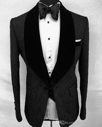 Brand New Black Embossing Groom Tuxedos Black Velvet Shawl Lapel Slim Fit Groomsman 3 Piece Men Prom Business Suit Jacket Blazer Jacket Pants Tie Vest 2669