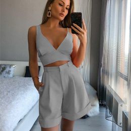 Spring Summer Womens Suit Solid Color Twopiece Sexy Slim Tube Top High Waist Shorts 2 Piece Set Shorts and Vest 220527