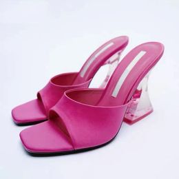 Slippers Med Shoes Women Summer Square Heel Platform Transparent Peep Toe Pantofle Heeled Mules Soft Block 2022 High Rubber