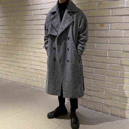 Men's Wool & Blends 2022 Autumn Winter Woollen Coat Korean Trend Medium Long Loose Coats Handsome Over Knee With Belt Fran22 T220810