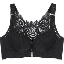 Women Front Closure Underwear Bras Print Floral Lace Back Push Up Non Padded Wire Free Bralette Bra Plus Size