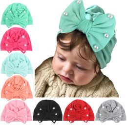Caps & Hats Lovely Pearl Bow Baby Hat Turban Cute Solid Colour Girls Boys Beanies Soft Born Infant Cap Headband Head WrapsCaps