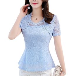 Blusas Short-Sleeve M-4XL Plus size 8 Color Summer Lace Shirt Women Tops Slim Elegant Lace Women Blouse Shirt 815G 210326