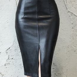 Aachoae Black PU Leather Skirt Women Midi Sexy High Waist Bodycon Split Skirt Office Pencil Skirt Knee Length 220711