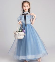 Girl's Dresses Blue Tulle Girl Princess Formal Dress Beads Bow Lace Evening Prom Party Pageant Wedding Gown First Communion Flower