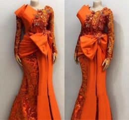 Orange Lace Stain Mermaid Evening Dresses 2022 Long Sleeve Big Bow African Arabic Aso Ebi 3D Floral Lace Pleated Prom Dress