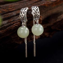 Dangle & Chandelier Ladies Green Long Section Chinese Style Natural Hetian White Jade Inlaid Round Bead Earrings Exquisite Fashion JewelryDa