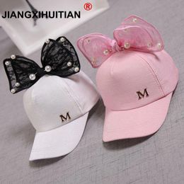 Cute Children Mesh Cap Spring Summer Baseball Girls Snapback Hip Caps Rabbit Ear Pearl Big Bow Kids Sun Hat