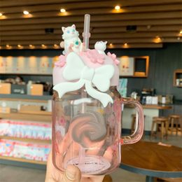 glass cat mug Canada - 600ML Pink Sakura Cute Cat Starbucks Straw Mugs Glass Cold Drink Cup Gift Product 534 E3