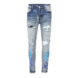 Mens Jeans Designer with Holes Tapered Blue Thigh Ripped Ankle Tattered Torn Pants Stretch Rugged Knee Cut Biker Silm Fit Skinny Long Straight Leg 2022 Tall Distress