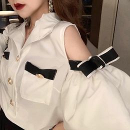 Women's Blouses & Shirts Fashion Designer High Style Blouse Women Bow Flare Sleeve Off Shoulder Button Decoration Shirt Tops Party Clothes S