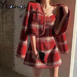 Christmas Winter Warm Thicken Woollen Dress Suits Korean Harajuku Chic Plaid Short Blazer Y2k Slim A-line Sexy Female W220331