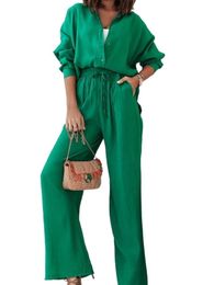 Women's Two Piece Pants Casual Women Tracksuit Shirts Pant Suit Summer Long Sleeve Shirt Wide Leg 2 Pieces Set Female 2022 Lady Fashion Outf