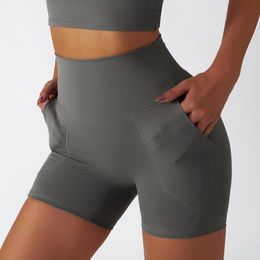 Running Shorts Summer Gym Workout Yoga Women Nude No T Line Fitness Quick Dry Tight High Waist Pocket Sports ShortsRunning