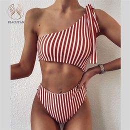 Peachtan Sexy one shoulder swimwear women Hollow out 1pc swimsuit Bandeau bikinis 2020 mujer Stripe bathers bathing suit T200708