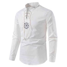 Ethnic Print Shirt Men 2022 Brand Lace Up Shirt Mens Long Sleeve Mandarin Collar Dress Shirts Summer Casual Beach Shirts L220704