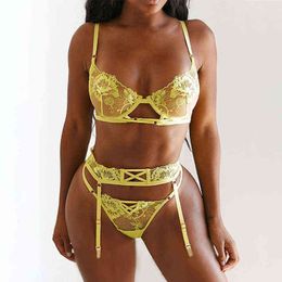 NXY Sexy Set 3 Pcs Heart Embrodiery Lace Bra Women Transparent Panty Lingerie Ladies Underwear Yellow 0211