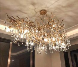 Modern LED Branch Crystal Copper Seirp Chandeliers Water Drops Luxury Ceiling Chandelier Lighting Tree Pendant Suspension Lights