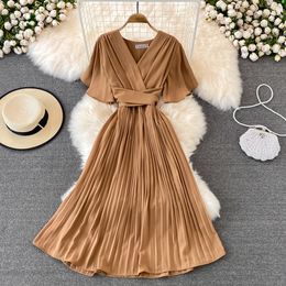 Belted Short-sleeve Dress Women's Solid Colour V-neck Lace-up Waist Slim Pleated Office Lady Vestidos De MujerCasual