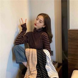 Milan street Autumn and winter pile collar sweater pullover loose long-sleeved Stripe soft knit sweater 210412