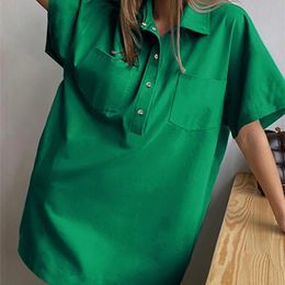 100% Cotton Women Shirt Dress Summer Polo Neck Loose With Pockets Female Metal Button Turn Down Collar Street W220422