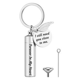 Cylinder Key Ring with Round Tags Wing Pendant Keychain Cremation Urn for Ashes Memorial Keepsake Stainless Steel Jewellery for Women Men