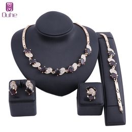 Women Wedding Gold Colour Crystal Zircon Necklaces Earring Bracelet Ring Party Holiday Accessories Bridal Jewellery Sets