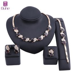 Women Wedding Gold Color Crystal Zircon Necklaces Earring Bracelet Ring Party Holiday Accessories Bridal Jewellery Sets