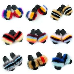 Summer Fluffy Raccoon Fur Slippers Shoe Real Fur Flip Flop Flat Furry Fur Slides Outdoor Sandals Woman Amazing Shoes Y201026