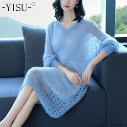 YISU Women Mohair Fashion Sweater New Autumn Winter Knitted top Women Hollow Knitted Pullovers Oversize long wool Sweater LJ201112