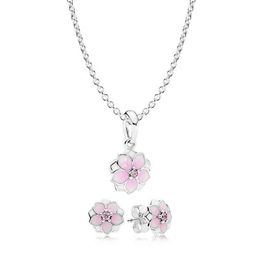 NEW Book Di 925 Sterling Silver Magnolia Bloom Necklace and Earring Set fit charm original Necklace Women jewelry A Set AA220315